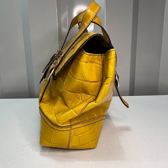 Maxximum Crocodile Embossed Yellow Leather Handbag Retro VIntage Bright Funky - Picture 3 of 14